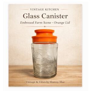 Vintage Glass Farm Scene Canister w/ Orange Lid
